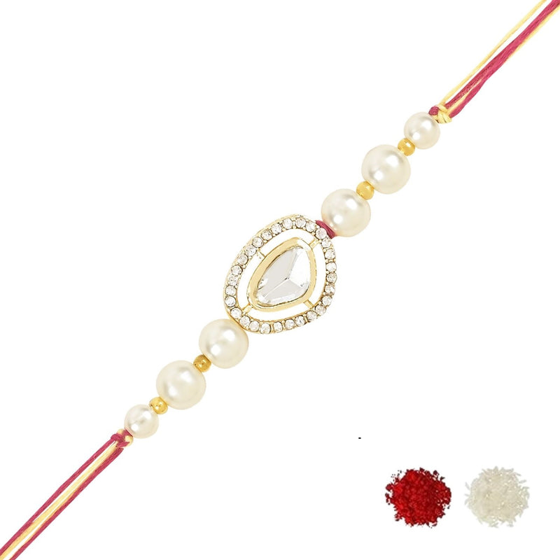 Etnico I Jewels Pearl & Kundan Designer Bhaiya Rakhi With Roli Chawal for Brother/Bro/Men with Rakshabandhan Card (R107W)