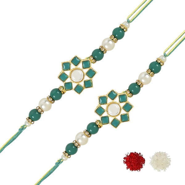 Etnico I Jewels Pearl & Kundan Designer Bhaiya Rakhi With Roli Chawal for Brother/Bro/Men with Rakshabandhan Card (R108G-2) (Pack of 2)