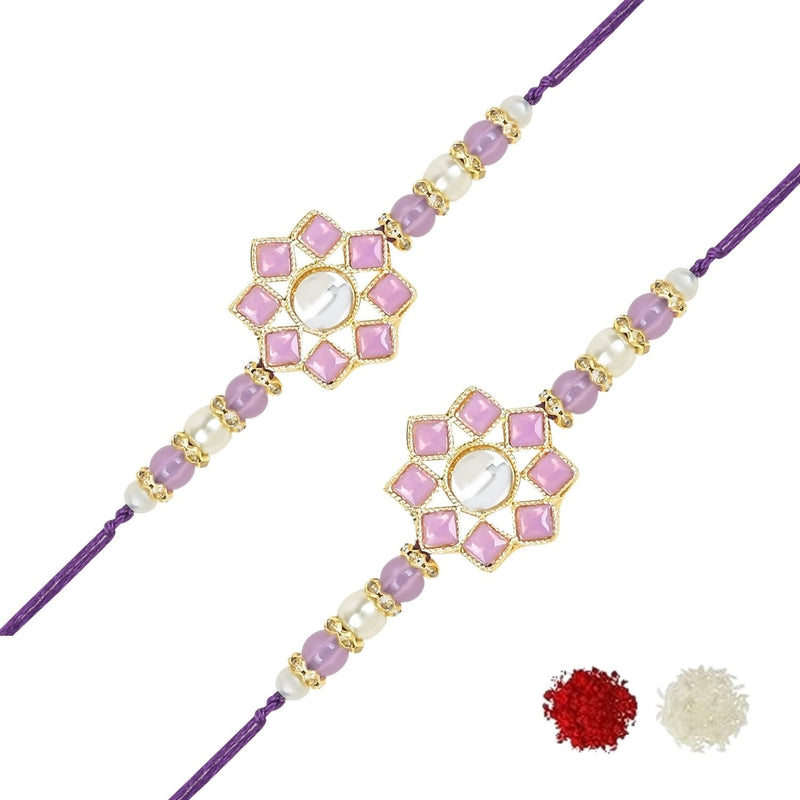 Etnico I Jewels Pearl & Kundan Designer Bhaiya Rakhi With Roli Chawal for Brother/Bro/Men with Rakshabandhan Card (R108Pu-2) (Pack of 2)