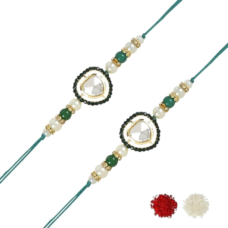 Etnico I Jewels Pearl & Kundan Designer Bhaiya Rakhi With Roli Chawal for Brother/Bro/Men with Rakshabandhan Card (R109G-2) (Pack of 2)