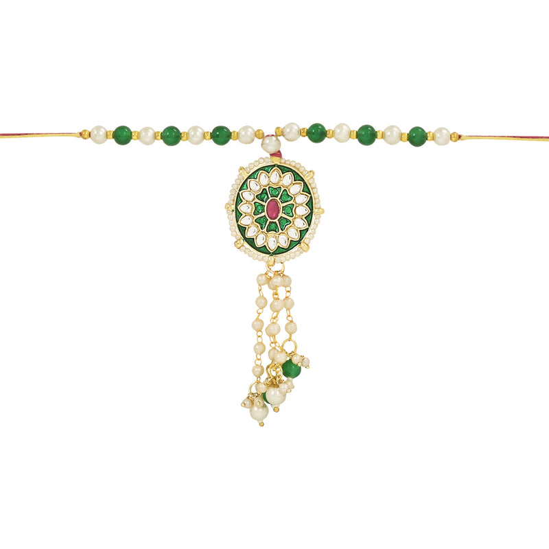 Etnico I Jewels Designer Meenakari & Pearl Hanging Bhaiya Bhabhi Lumba Rakhi Combo Set with Roli Chawal and Rakshabandhan Card (R110G-CO)