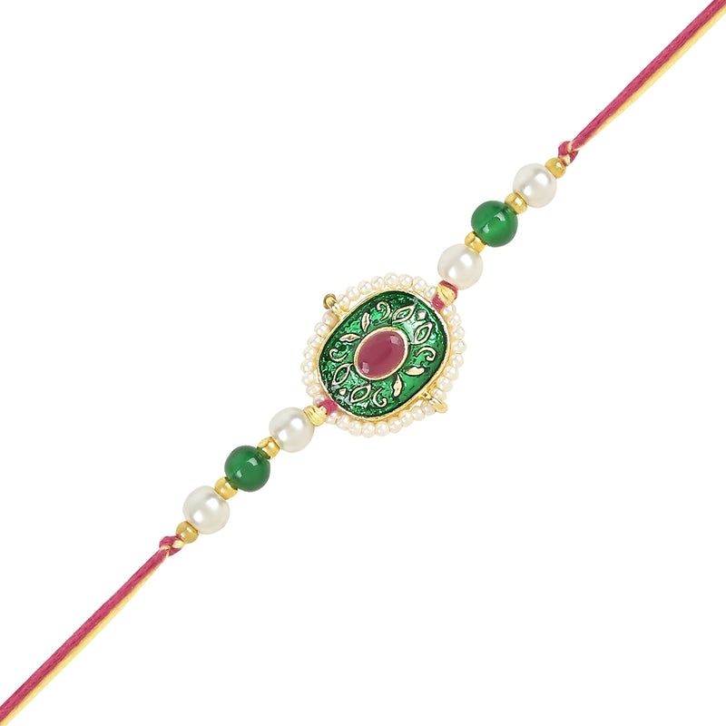 Etnico I Jewels Designer Meenakari & Pearl Hanging Bhaiya Bhabhi Lumba Rakhi Combo Set with Roli Chawal and Rakshabandhan Card (R110G-CO)