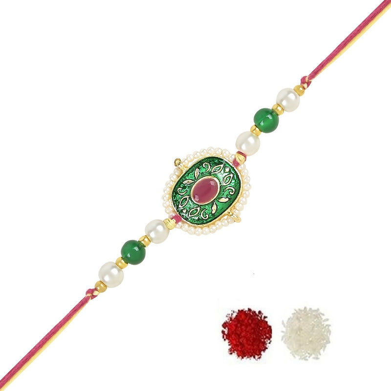 Etnico I Jewels Rakshabandhan Designer Handcrafted Pearl & Kundan Bhaiya Rakhi With Roli Chawal for Brother/Bro/Men (R110G)