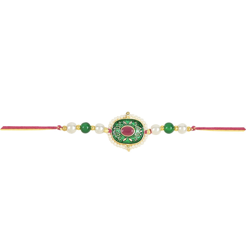 Etnico I Jewels Rakshabandhan Designer Handcrafted Pearl & Kundan Bhaiya Rakhi With Roli Chawal for Brother/Bro/Men (R110G)