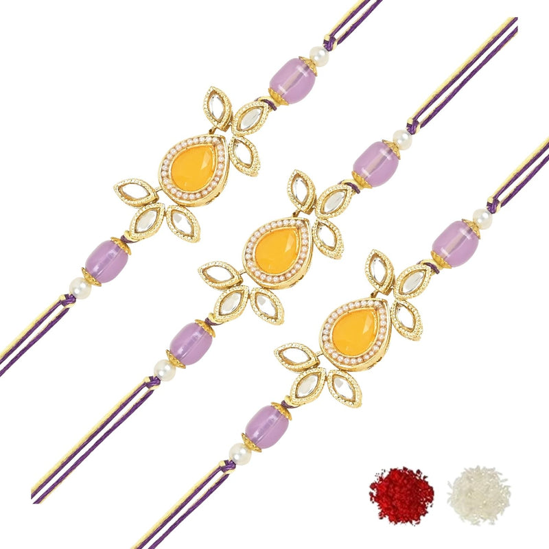 Etnico I Jewels Pearl & Kundan Designer Bhaiya Rakhi With Roli Chawal for Brother/Bro/Men with Rakshabandhan Card (R111Pu-3) (Pack of 3)