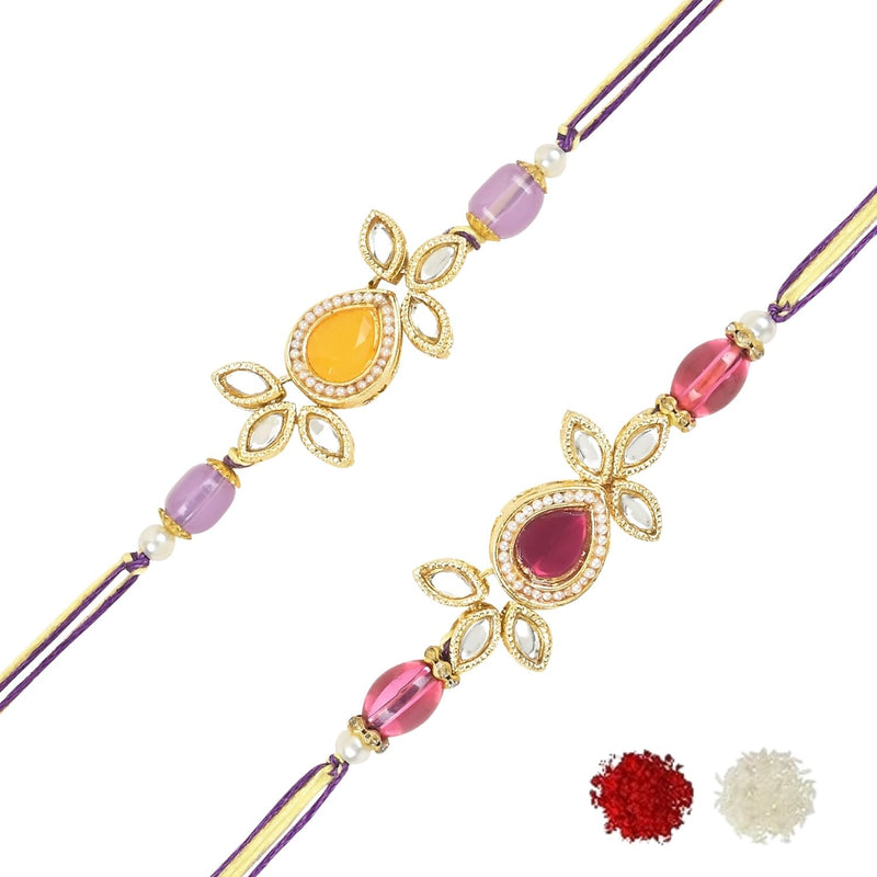 Etnico I Jewels Pearl & Kundan Designer Bhaiya Rakhi With Roli Chawal for Brother/Bro/Men with Rakshabandhan Card (R111Pu-Q) (Pack of 2)