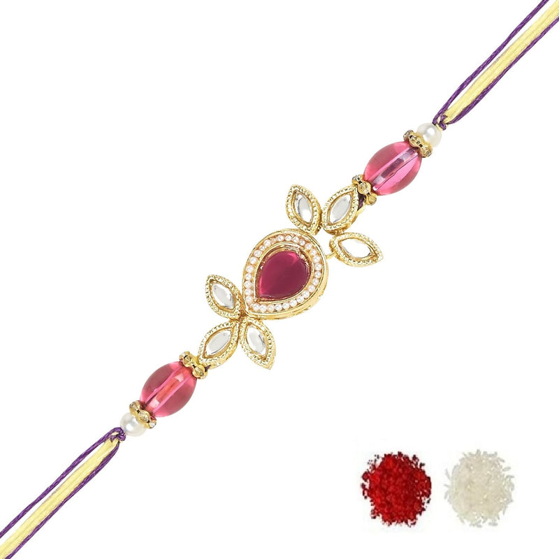 Etnico I Jewels Pearl & Kundan Designer Bhaiya Rakhi With Roli Chawal for Brother/Bro/Men with Rakshabandhan Card (R111Q)