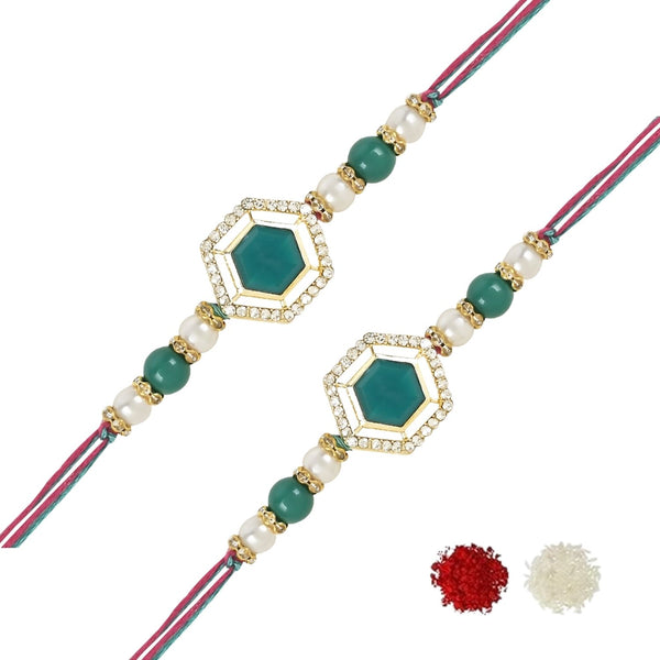 Etnico I Jewels Pearl & Kundan Designer Bhaiya Rakhi With Roli Chawal for Brother/Bro/Men with Rakshabandhan Card (R113G-2) (Pack of 2)