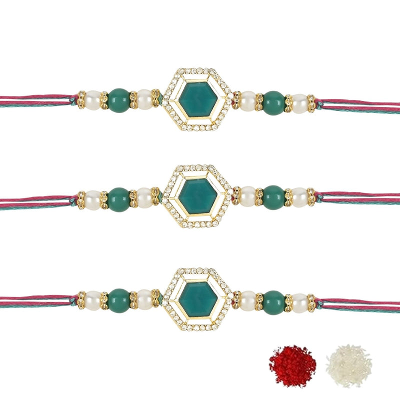 Etnico I Jewels Pearl & Kundan Designer Bhaiya Rakhi With Roli Chawal for Brother/Bro/Men with Rakshabandhan Card (R113G-3) (Pack of 3)