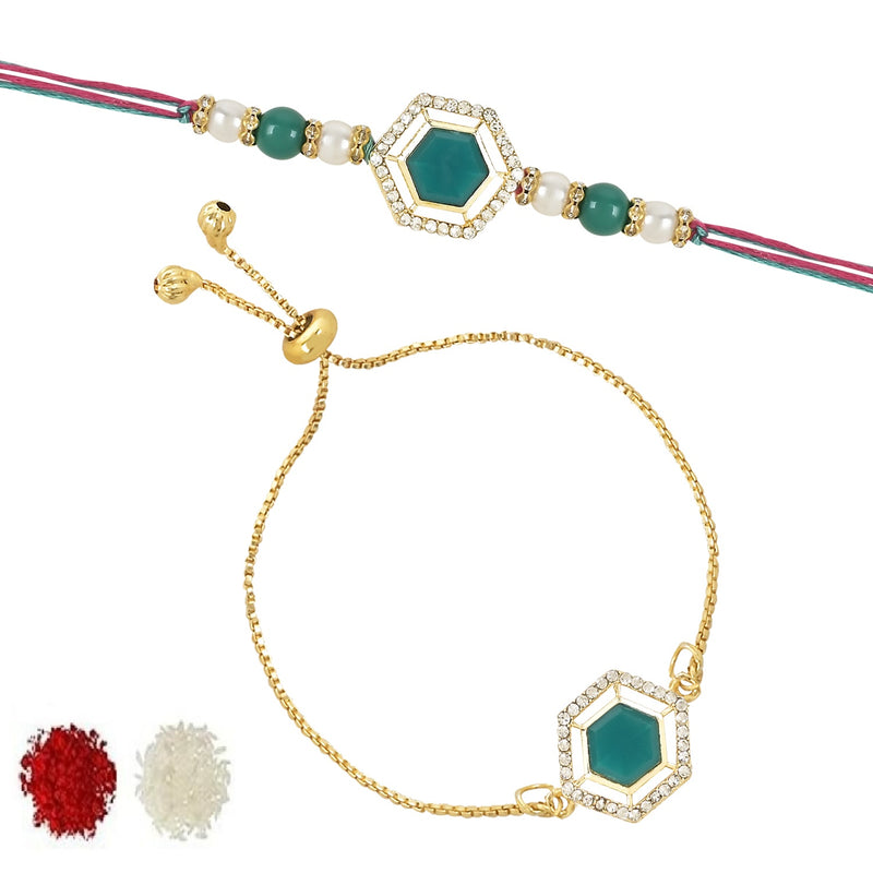 Etnico I Jewels Designer Kundan & Pearl Hanging Bhaiya Bhabhi Lumba Rakhi Combo Set with Roli Chawal and Rakshabandhan Card (R113G-CO)