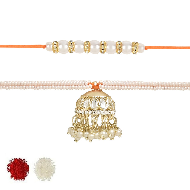 Etnico I Jewels Designer Kundan & Pearl Hanging Bhaiya Bhabhi Lumba Rakhi Combo Set with Roli Chawal and Rakshabandhan Card (R114W-CO)