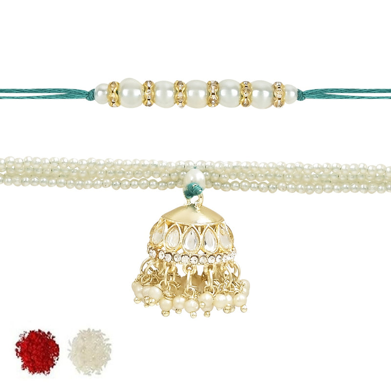 Etnico I Jewels Rakshabandhan Special Kundan Studded Bhaiya Bhabhi Pearl Hanging Lumba Rakhi Combo Set With Roli Chawal (R115W-CO)