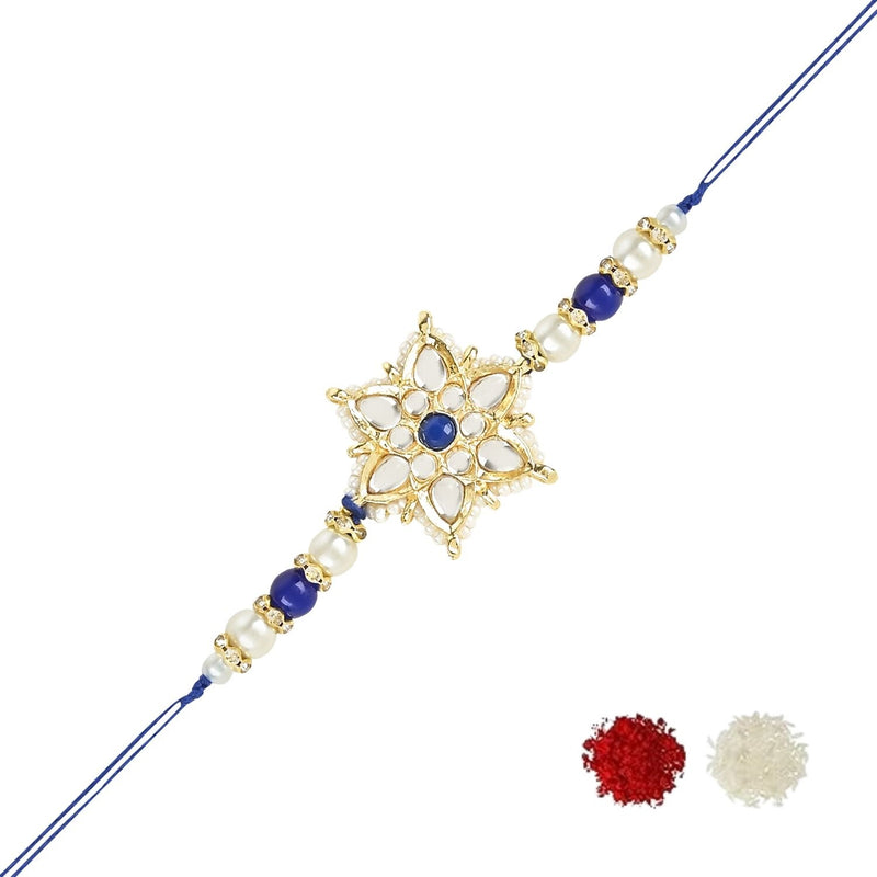 Etnico I Jewels Pearl & Kundan Designer Bhaiya Rakhi With Roli Chawal for Brother/Bro/Men with Rakshabandhan Card (R116Bl)