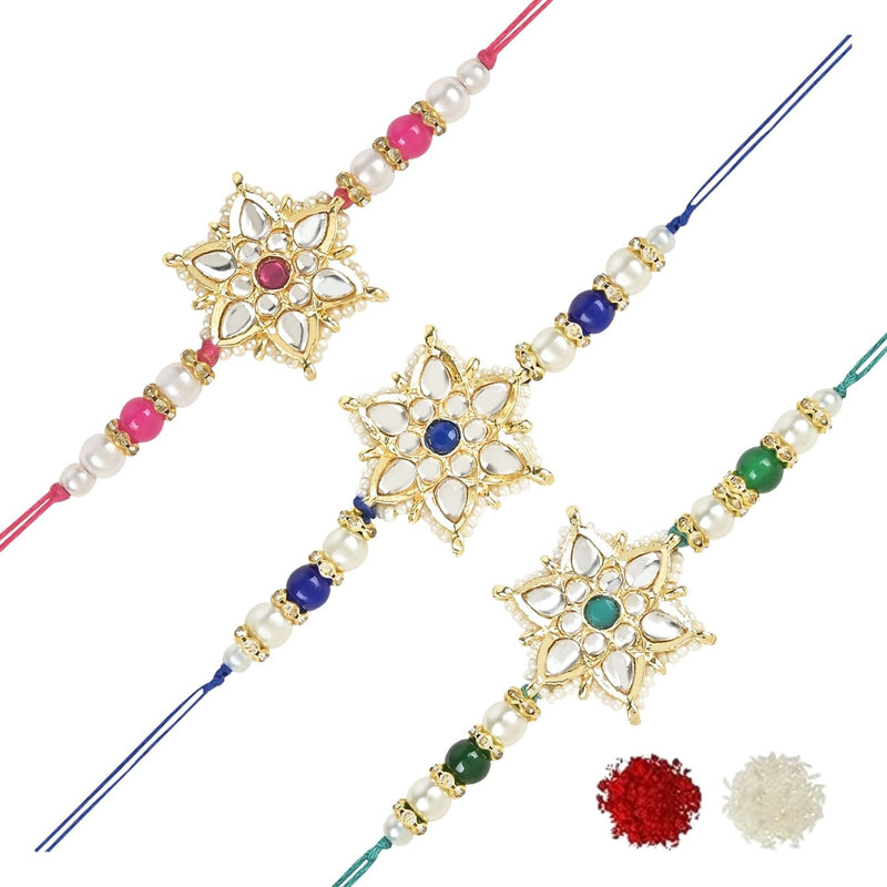 Etnico I Jewels Pearl & Kundan Designer Bhaiya Rakhi With Roli Chawal for Brother/Bro/Men with Rakshabandhan Card (R116G-Q-Bl)(Pack of 2)