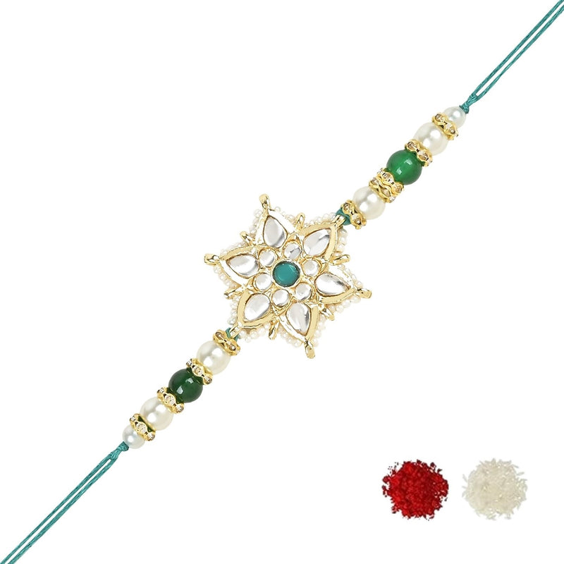 Etnico I Jewels Pearl & Kundan Designer Bhaiya Rakhi With Roli Chawal for Brother/Bro/Men with Rakshabandhan Card (R116G)