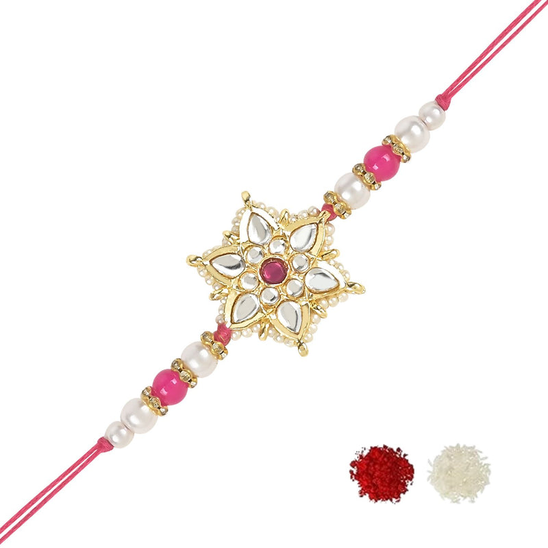 Etnico I Jewels Pearl & Kundan Designer Bhaiya Rakhi With Roli Chawal for Brother/Bro/Men with Rakshabandhan Card (R116Q)