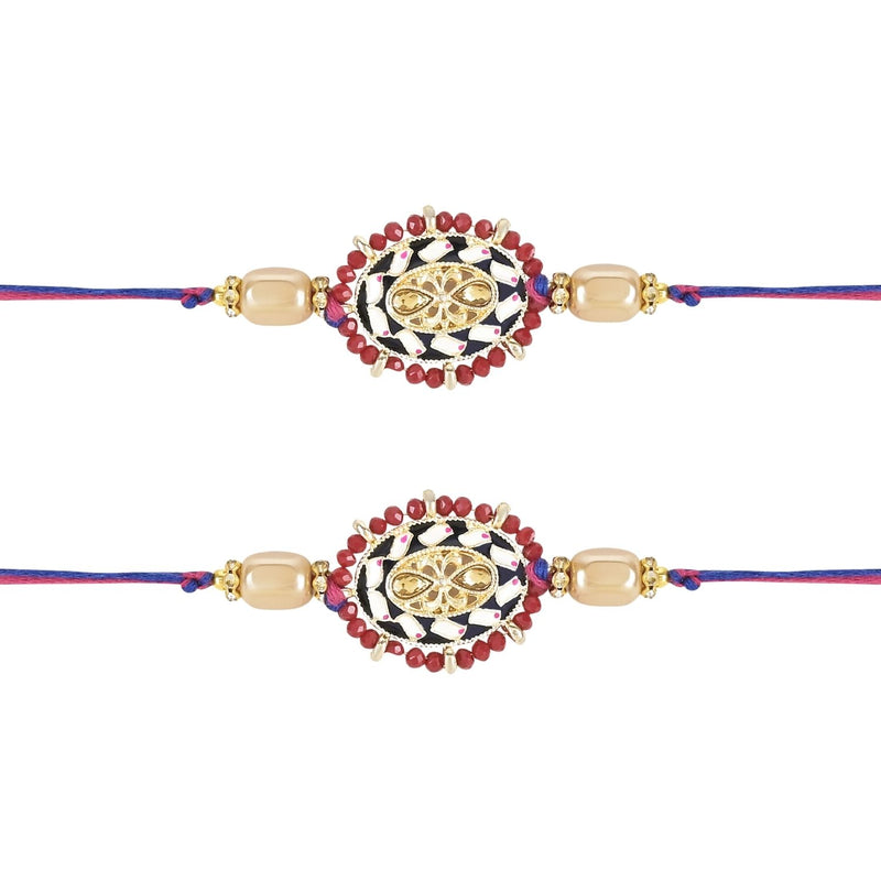 Etnico I Jewels Pearl & Kundan Designer Bhaiya Rakhi With Roli Chawal for Brother/Bro/Men with Rakshabandhan Card (R117M-2)(Pack of 2)