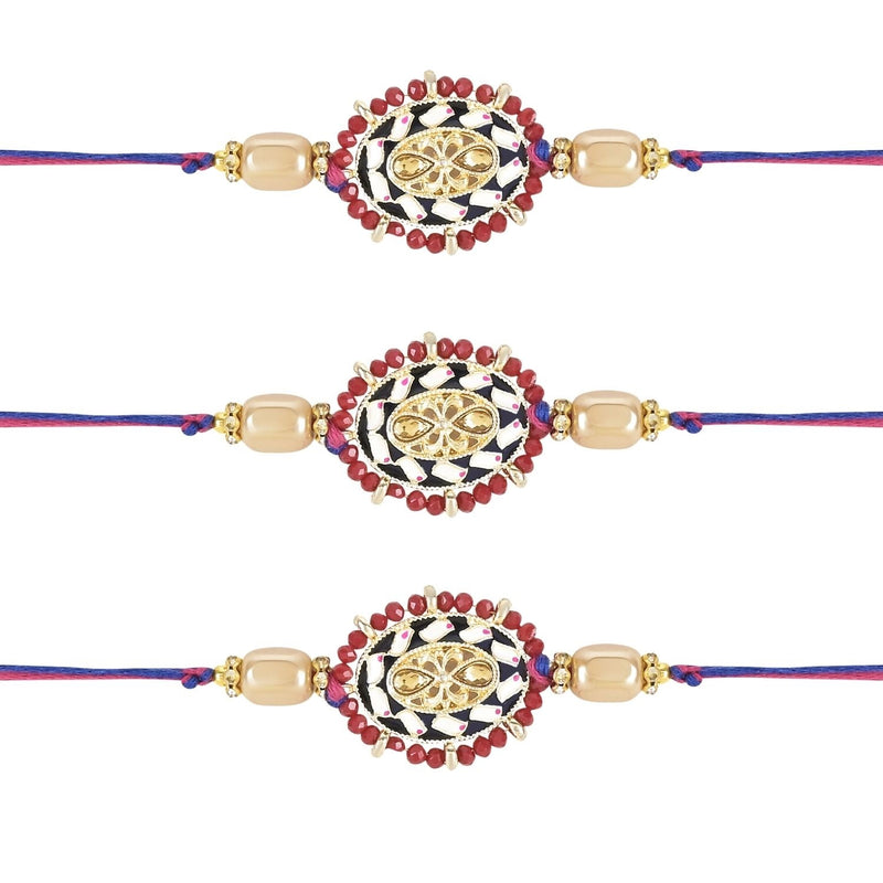 Etnico I Jewels Pearl & Kundan Designer Bhaiya Rakhi With Roli Chawal for Brother/Bro/Men with Rakshabandhan Card (R117M-3)(Pack of 3)