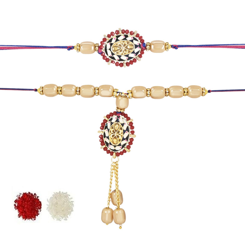 Etnico I Jewels Designer Kundan & Pearl Hanging Bhaiya Bhabhi Lumba Rakhi Combo Set with Roli Chawal and Rakshabandhan Card (R117M-CO)