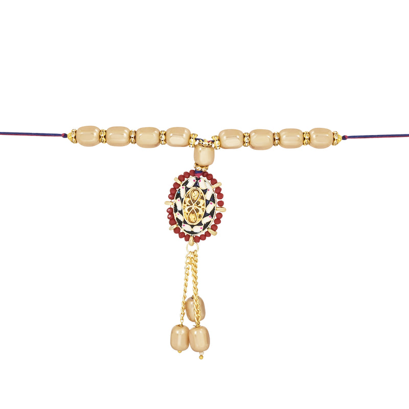 Etnico I Jewels Designer Kundan & Pearl Hanging Bhaiya Bhabhi Lumba Rakhi Combo Set with Roli Chawal and Rakshabandhan Card (R117M-CO)