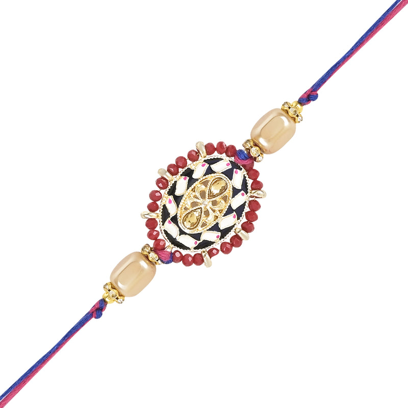 Etnico I Jewels Designer Kundan & Pearl Hanging Bhaiya Bhabhi Lumba Rakhi Combo Set with Roli Chawal and Rakshabandhan Card (R117M-CO)