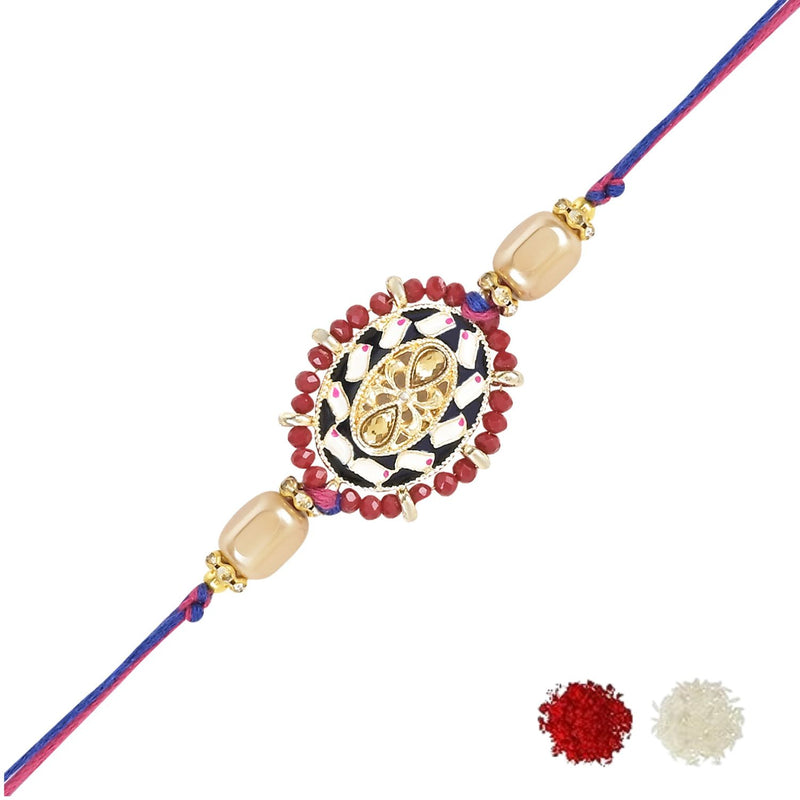 Etnico I Jewels Pearl & Kundan Designer Bhaiya Rakhi With Roli Chawal for Brother/Bro/Men with Rakshabandhan Card (R117M)