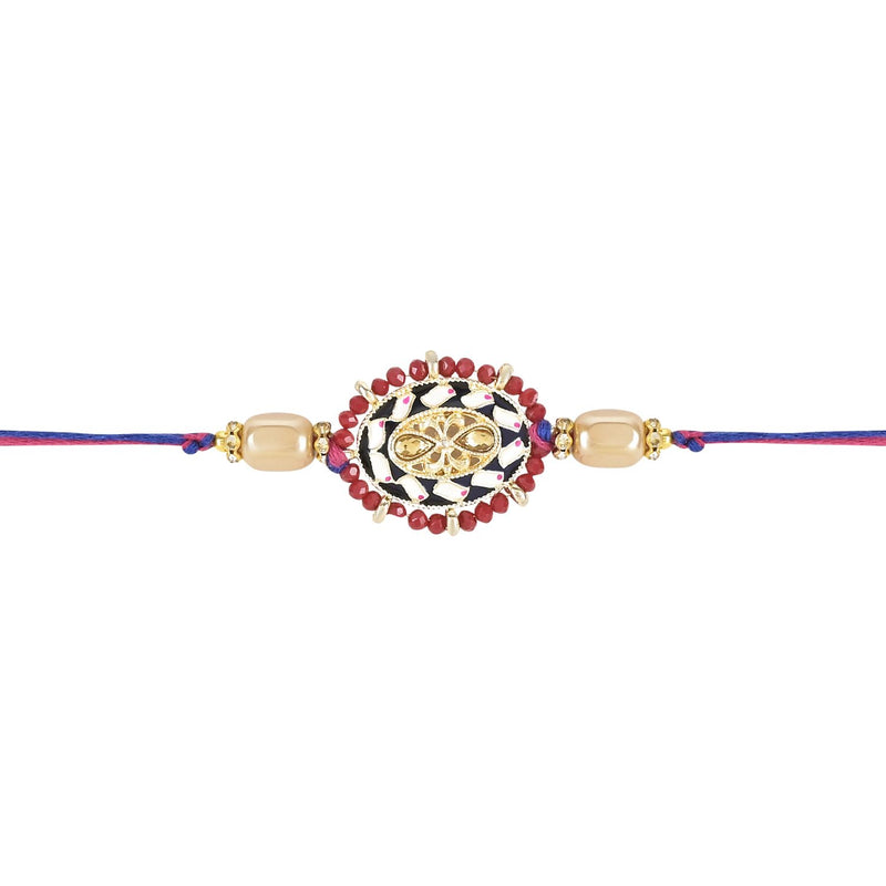 Etnico I Jewels Pearl & Kundan Designer Bhaiya Rakhi With Roli Chawal for Brother/Bro/Men with Rakshabandhan Card (R117M)