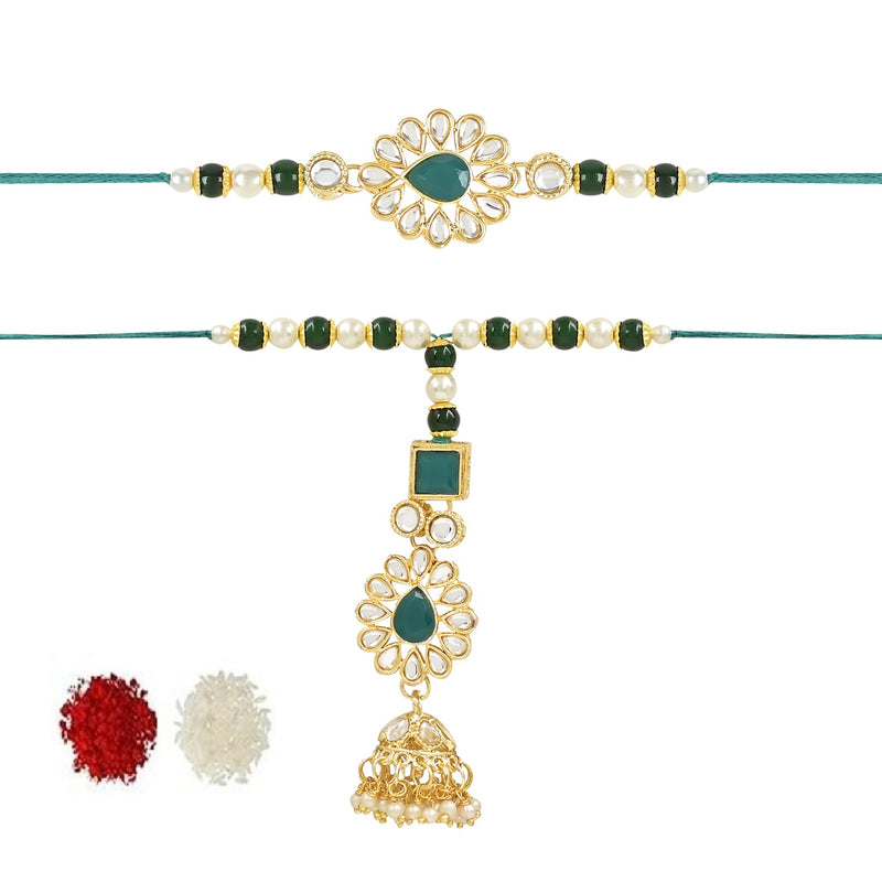 Etnico I Jewels Designer Kundan & Pearl Hanging Bhaiya Bhabhi Lumba Rakhi Combo Set with Roli Chawal and Rakshabandhan Card (R118G-CO)