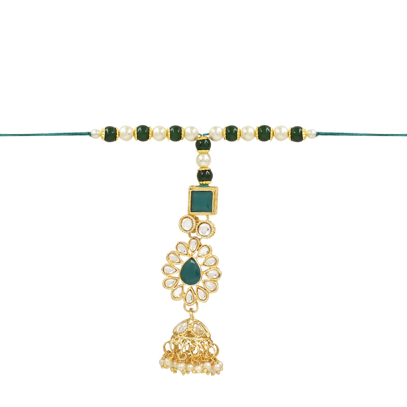 Etnico I Jewels Designer Kundan & Pearl Hanging Bhaiya Bhabhi Lumba Rakhi Combo Set with Roli Chawal and Rakshabandhan Card (R118G-CO)