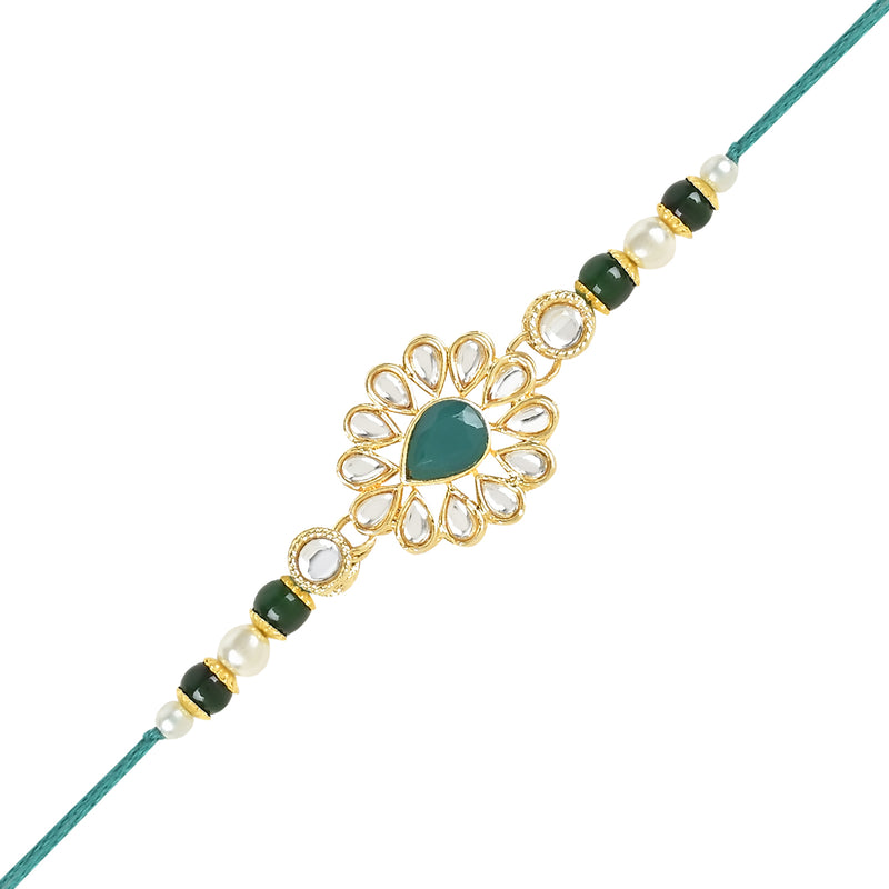 Etnico I Jewels Designer Kundan & Pearl Hanging Bhaiya Bhabhi Lumba Rakhi Combo Set with Roli Chawal and Rakshabandhan Card (R118G-CO)