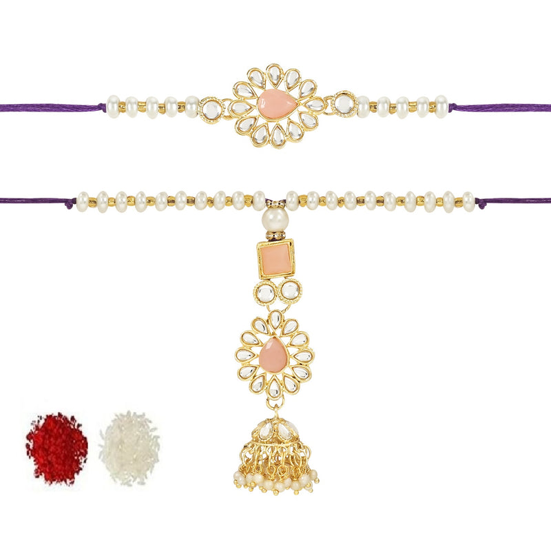 Etnico I Jewels Designer Kundan & Pearl Hanging Bhaiya Bhabhi Lumba Rakhi Combo Set with Roli Chawal and Rakshabandhan Card (R118Pe-CO)