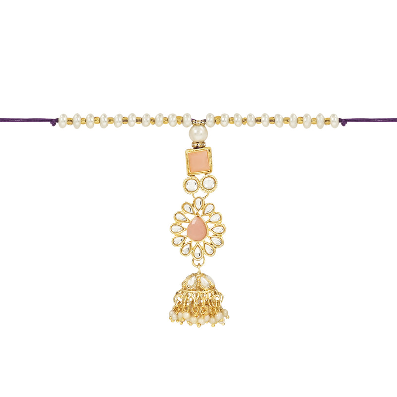 Etnico I Jewels Designer Kundan & Pearl Hanging Bhaiya Bhabhi Lumba Rakhi Combo Set with Roli Chawal and Rakshabandhan Card (R118Pe-CO)