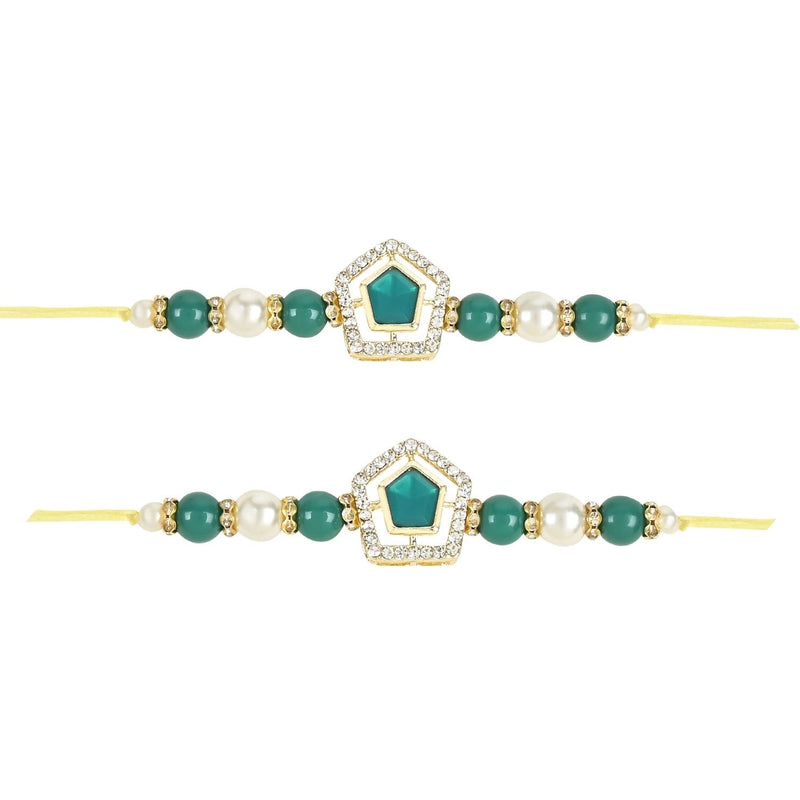 Etnico I Jewels Pearl & Kundan Designer Bhaiya Rakhi With Roli Chawal for Brother/Bro/Men with Rakshabandhan Card (R119G-2) (Pack of 2)