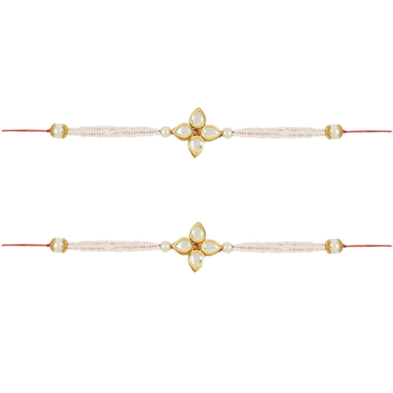 Etnico I Jewels Rakshabandhan Designer Handcrafted Pearl & Kundan Bhaiya Rakhi With Roli Chawal for Brother/Bro/Men (R120W-2) (Pack of 2)