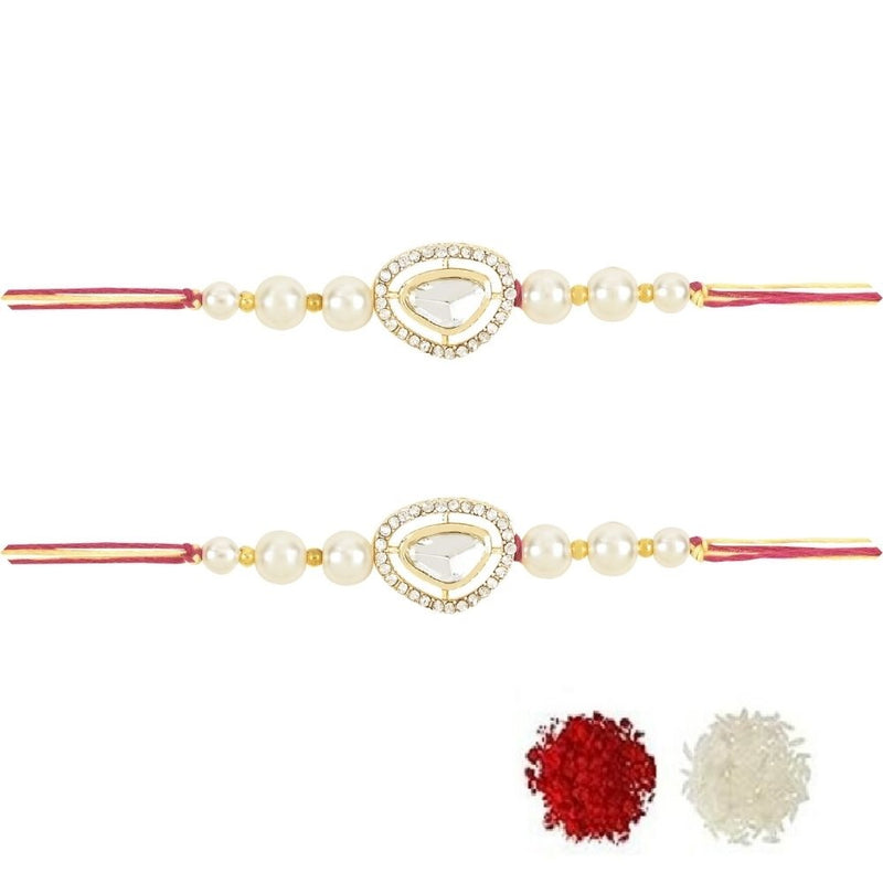 Etnico I Jewels Pearl & Kundan Designer Bhaiya Rakhi With Roli Chawal for Brother/Bro/Men with Rakshabandhan Card (R121W-2)(Pack of 2)