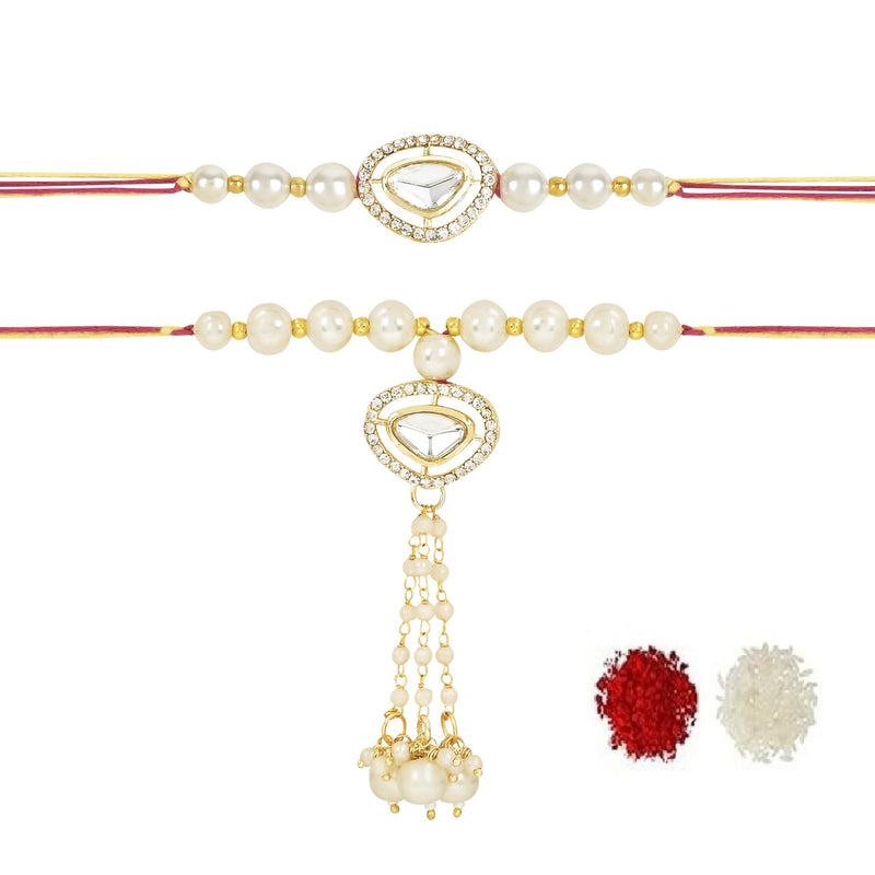 Etnico I Jewels Designer Kundan & Pearl Hanging Bhaiya Bhabhi Lumba Rakhi Combo Set with Roli Chawal and Rakshabandhan Card (R121W-CO)