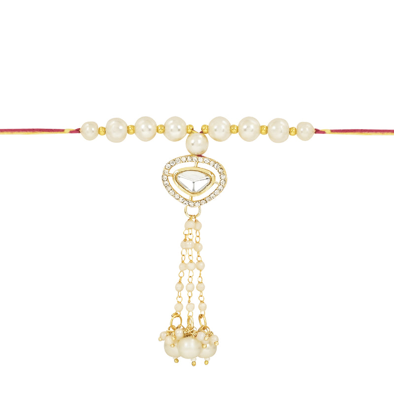 Etnico I Jewels Designer Kundan & Pearl Hanging Bhaiya Bhabhi Lumba Rakhi Combo Set with Roli Chawal and Rakshabandhan Card (R121W-CO)