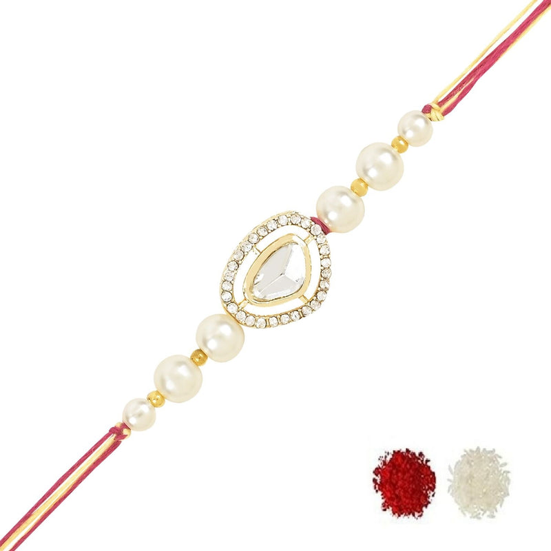 Etnico I Jewels Pearl & Kundan Designer Bhaiya Rakhi With Roli Chawal for Brother/Bro/Men with Rakshabandhan Card (R121W)