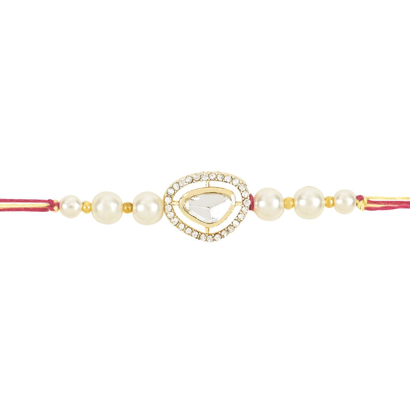 Etnico I Jewels Pearl & Kundan Designer Bhaiya Rakhi With Roli Chawal for Brother/Bro/Men with Rakshabandhan Card (R121W)