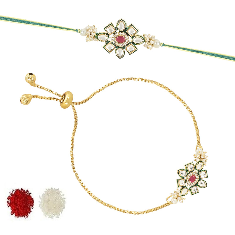 Etnico I Jewels Designer Kundan & Pearl Bhaiya Bhabhi Lumba Rakhi Set with Adjustable Pull Chain with Roli Chawal and Rakshabandhan Card (R122G-CO)