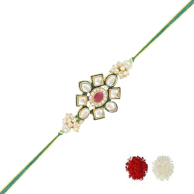 Etnico I Jewels Designer Kundan & Pearl Bhaiya Bhabhi Lumba Rakhi Set with Adjustable Pull Chain with Roli Chawal and Rakshabandhan Card (R122G-CO)