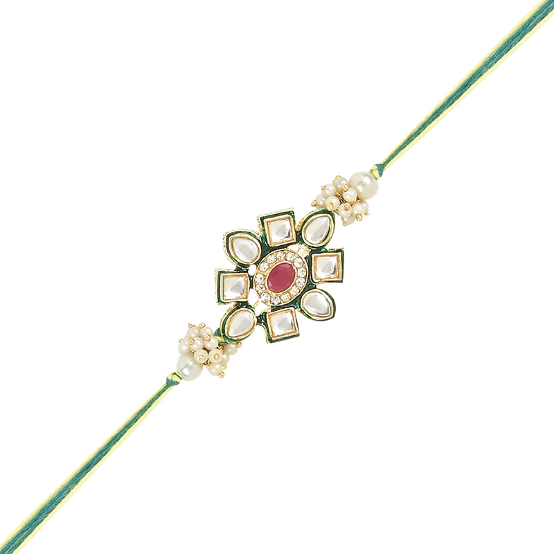 Etnico I Jewels Pearl & Kundan Designer Bhaiya Rakhi With Roli Chawal for Brother/Bro/Men with Rakshabandhan Card (R122G)