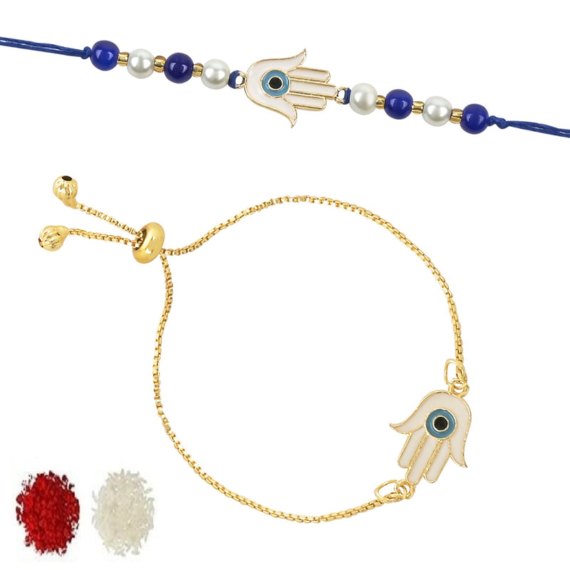 Etnico I Jewels Rakshabandhan Hamsa Shape Enamel Evil Eye Bhaiya Bhabhi Lumba Rakhi Combo Set With Roli Chawal (R126-CO)