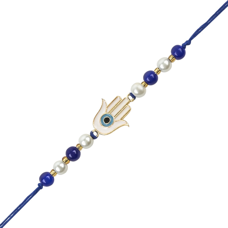 Etnico I Jewels Rakshabandhan Hamsa Shape Enamel Evil Eye Bhaiya Bhabhi Lumba Rakhi Combo Set With Roli Chawal (R126-CO)