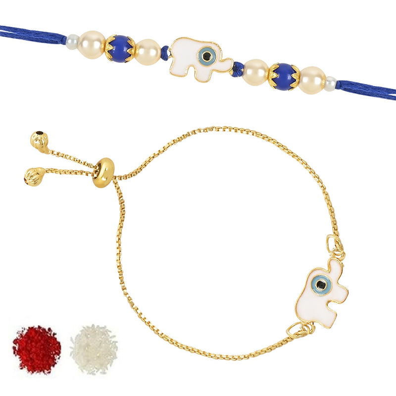 Etnico I Jewels Rakshabandhan Designer White Elephant Enamel Evil Eye Bhaiya Bhabhi Lumba Rakhi Set With Roli Chawal (R127-CO)