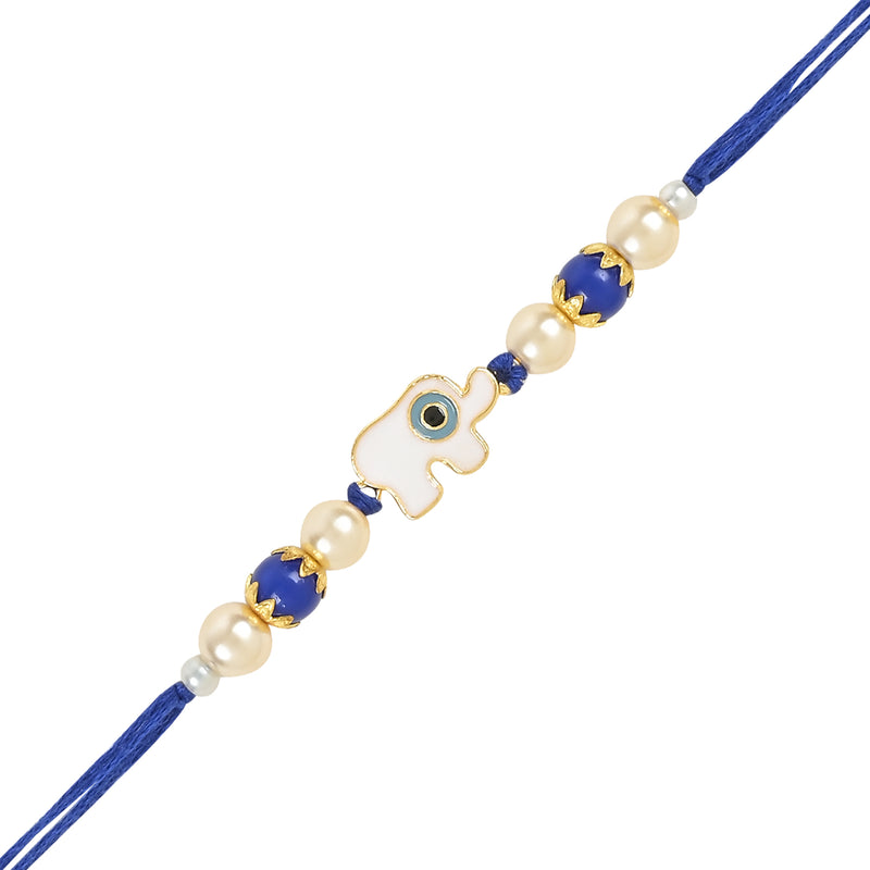 Etnico I Jewels Rakshabandhan Designer White Elephant Enamel Evil Eye Bhaiya Bhabhi Lumba Rakhi Set With Roli Chawal (R127-CO)