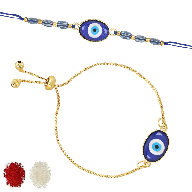 Etnico I Jewels Enamel Designer Evil Eye Bhaiya Bhabhi Lumba Rakhi Set With Roli Chawal and Rakshabandhan card (R128-CO)