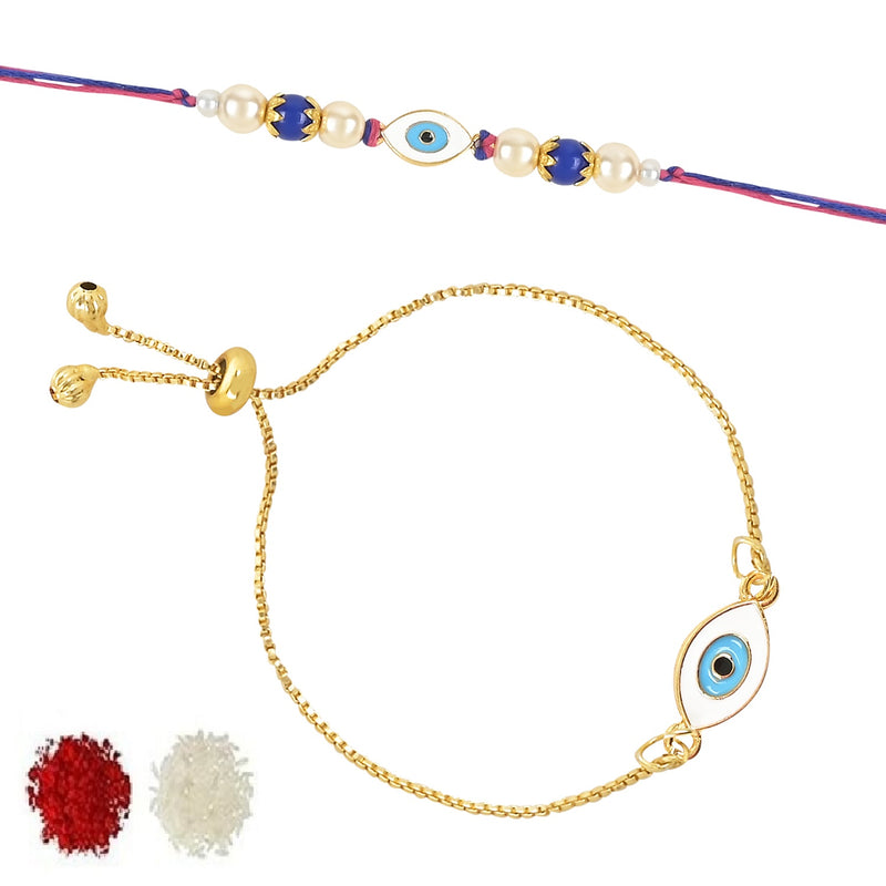 Etnico I Jewels Designer Enamel Evil Eye Bhaiya Bhabhi Lumba Rakhi Set With Roli Chawal for Brother/Bro/Men with Rakshabandhan Card (R129-CO)