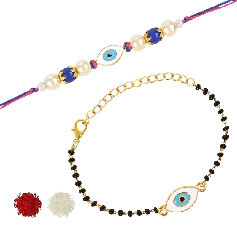 Etnico I Jewels Designer Enamel Evil Eye Bhaiya Bhabhi Mangalsutra Bracelet Rakhi Set With Roli Chawal & Rakshabandhan Card For Brother/Bro/Men (R130-CO)