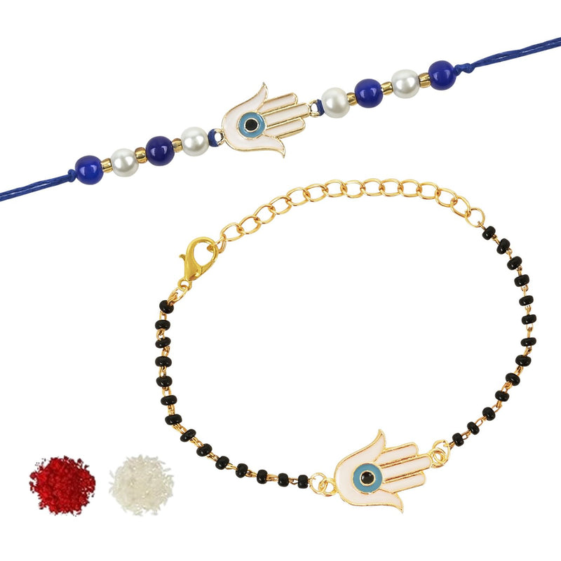 Etnico I Jewels Designer Enamel Hamsa Evil Eye Bhaiya Bhabhi Mangalsutra Bracelet Rakhi Set With Roli Chawal & Rakshabandhan Card For Brother/Bro/Men (R131-CO)